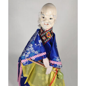 Vintage Hand Glove Puppet Male Figure In Blue With Stand